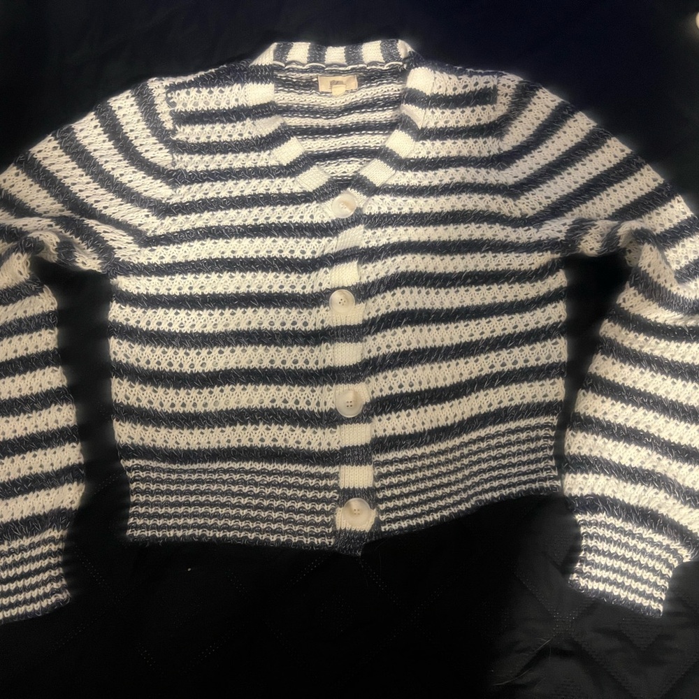 Elan Striped Open-Knit Cropped Cardigan Sweater Size L